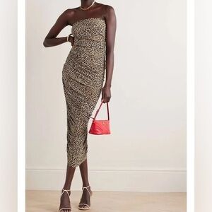 NWOT Norma Kamali Diana Strapless Ruched Asymmetric Leopard-print Midi Dress